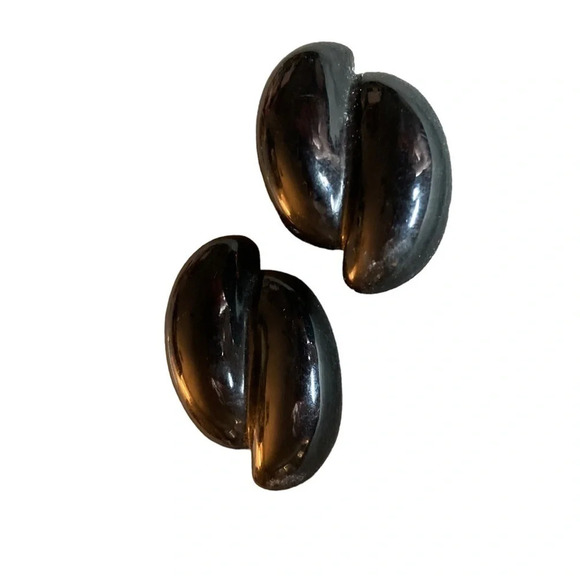 BAKELITE Vintage 1940s Licorice Black Clip-on Art Deco Design Earrings TESTED - Picture 2 of 4